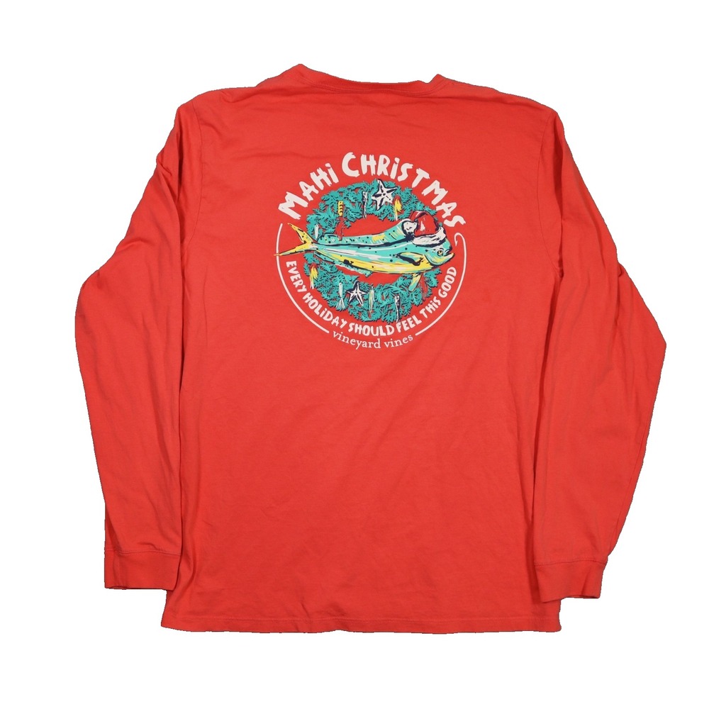 Vineyard Vines Mahi Christmas Shirt Mens M‎ Red Graphic Long Sleeve Cotton Tee